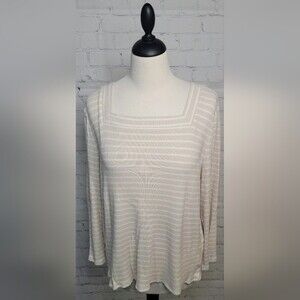 Chico's Ribbed Knit Square Neck Beige White Striped Top Sz 3 XL Stretch Blouse